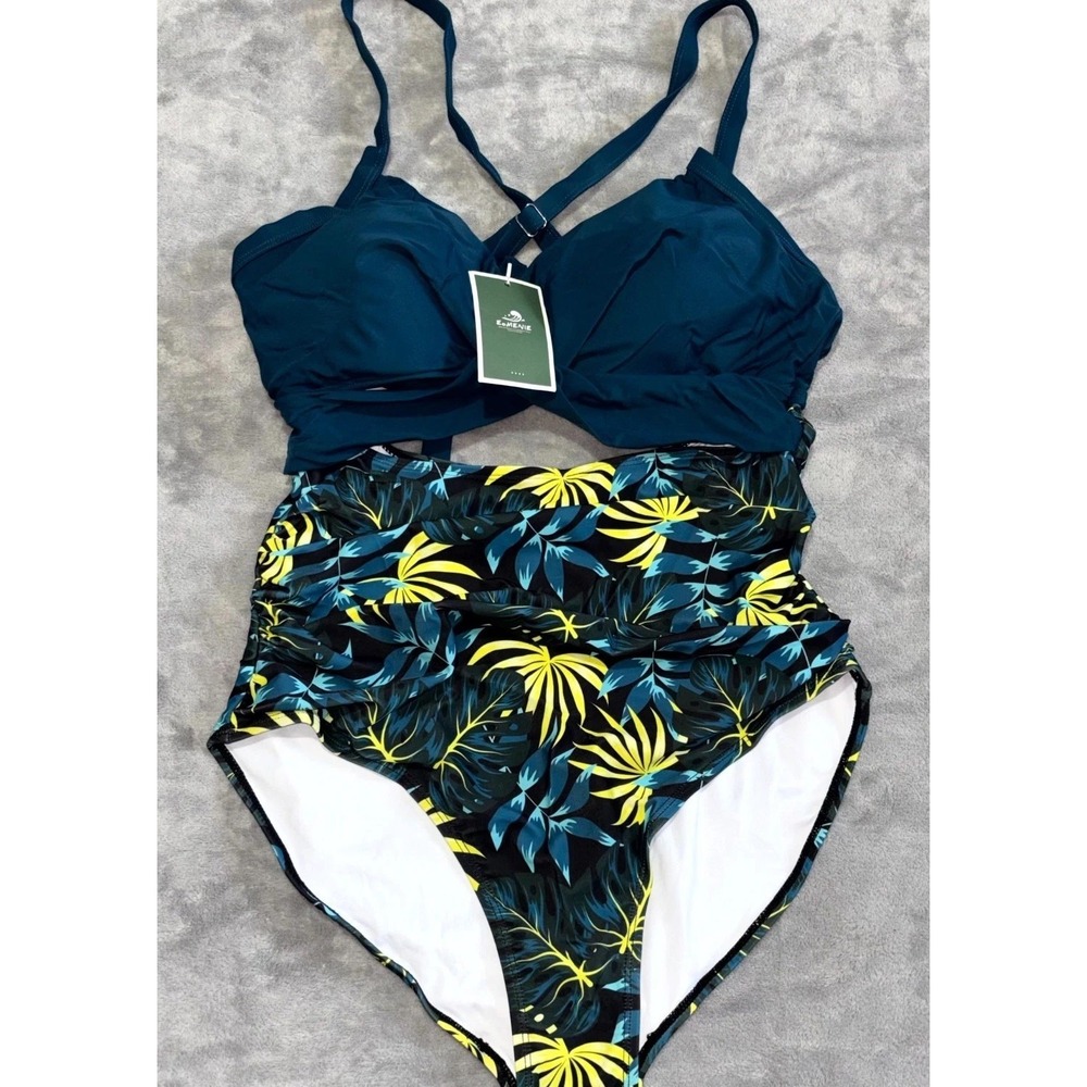 Eomenie One Piece Swimsuit Women XL Blue Tropical Leaf High Waist Cut Out Padded